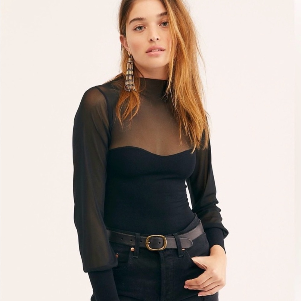Free People Black Sheer Panel Long-Sleeve Top